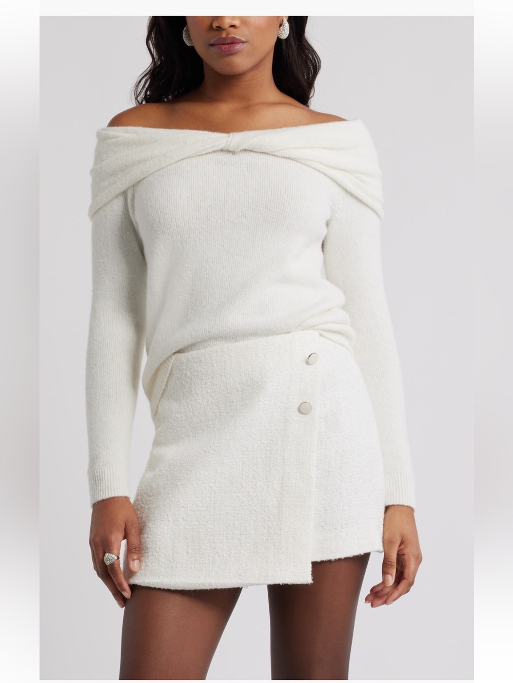 Open Edit Twisted Collar Sweater off the shoulder ivory cream white medium NWT